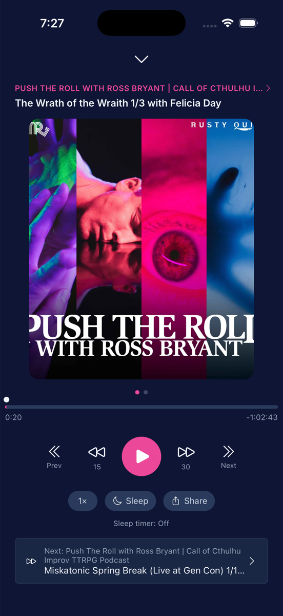 Bard's full player, showing an episode of Push The Roll part-way
                 through, with transport controls and a next-up row naming the
                 following episode.